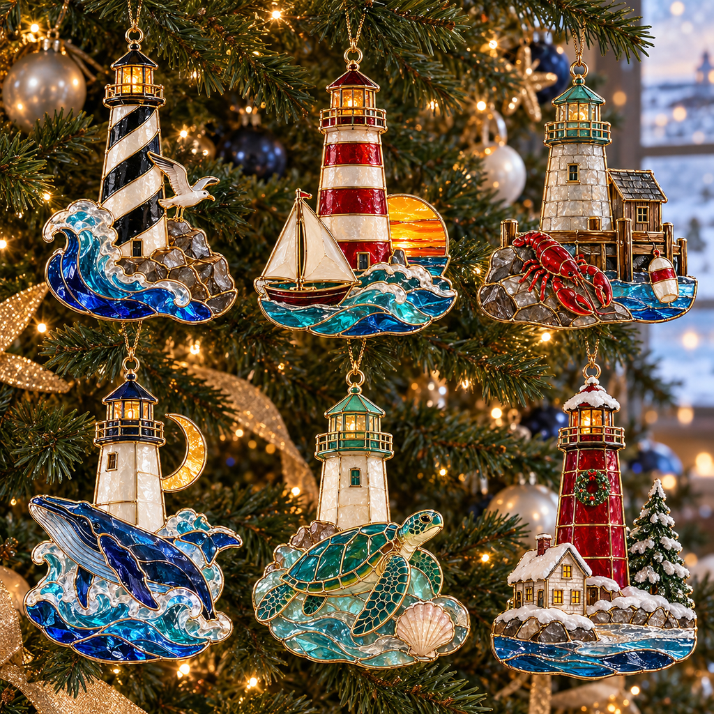 Coastal Lighthouse Christmas Ornaments – Vintage Stained Glass Style, Set of 6