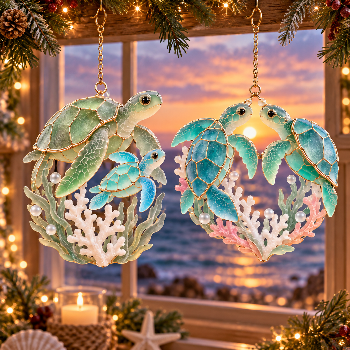 🐢 2026 Ocean Christmas Sea Turtle Ornaments – Set of 6 Coastal Holiday Keepsakes