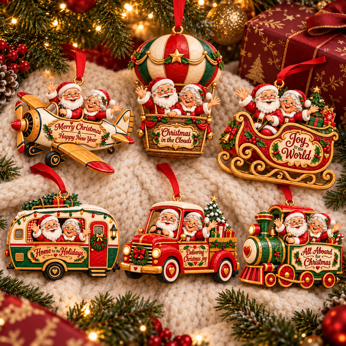 Santa & Mrs. Claus Christmas Adventures – Festive Tree Ornaments in 6 Charming Designs