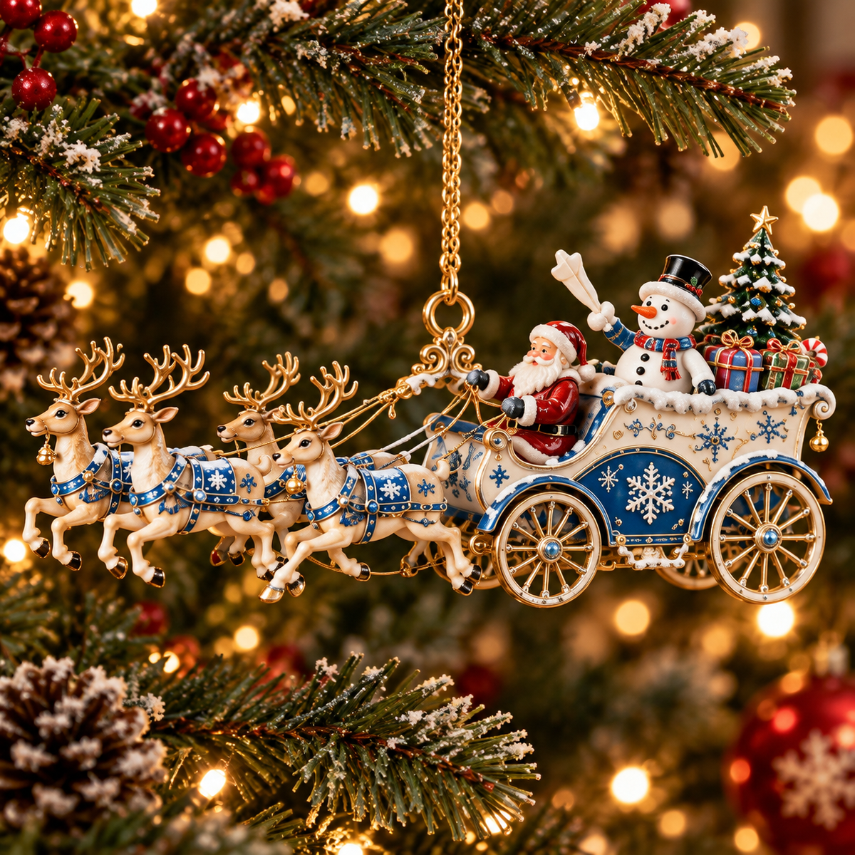 Santa’s Magical Christmas Journey – 6-Piece Vintage Reindeer Sleigh & Carriage Ornament Collection | Christmas Tree Decorations & Holiday Gifts