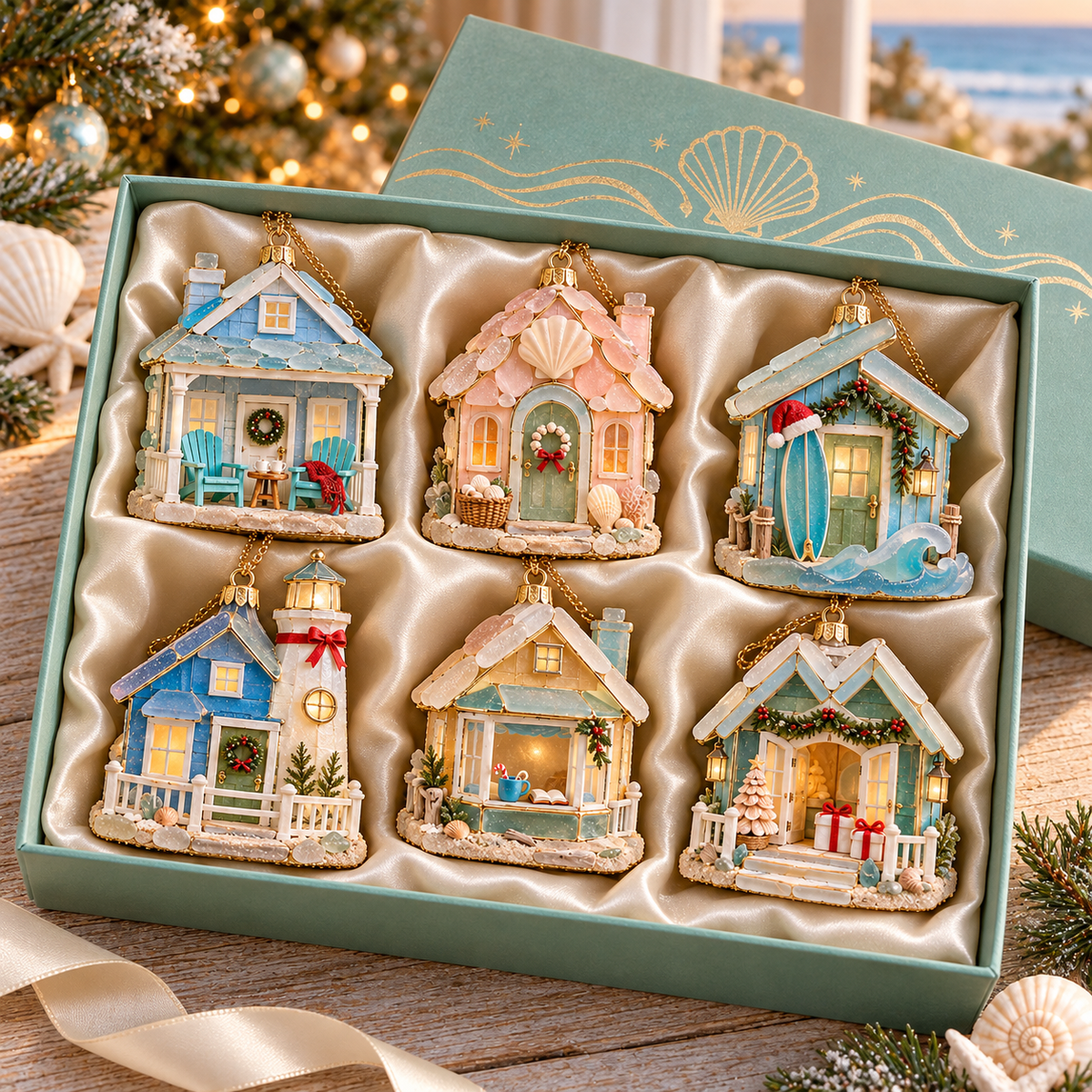 🌊 2026 Coastal Christmas Cottage Ornaments – Set of 6 Beach House Holiday Keepsakes