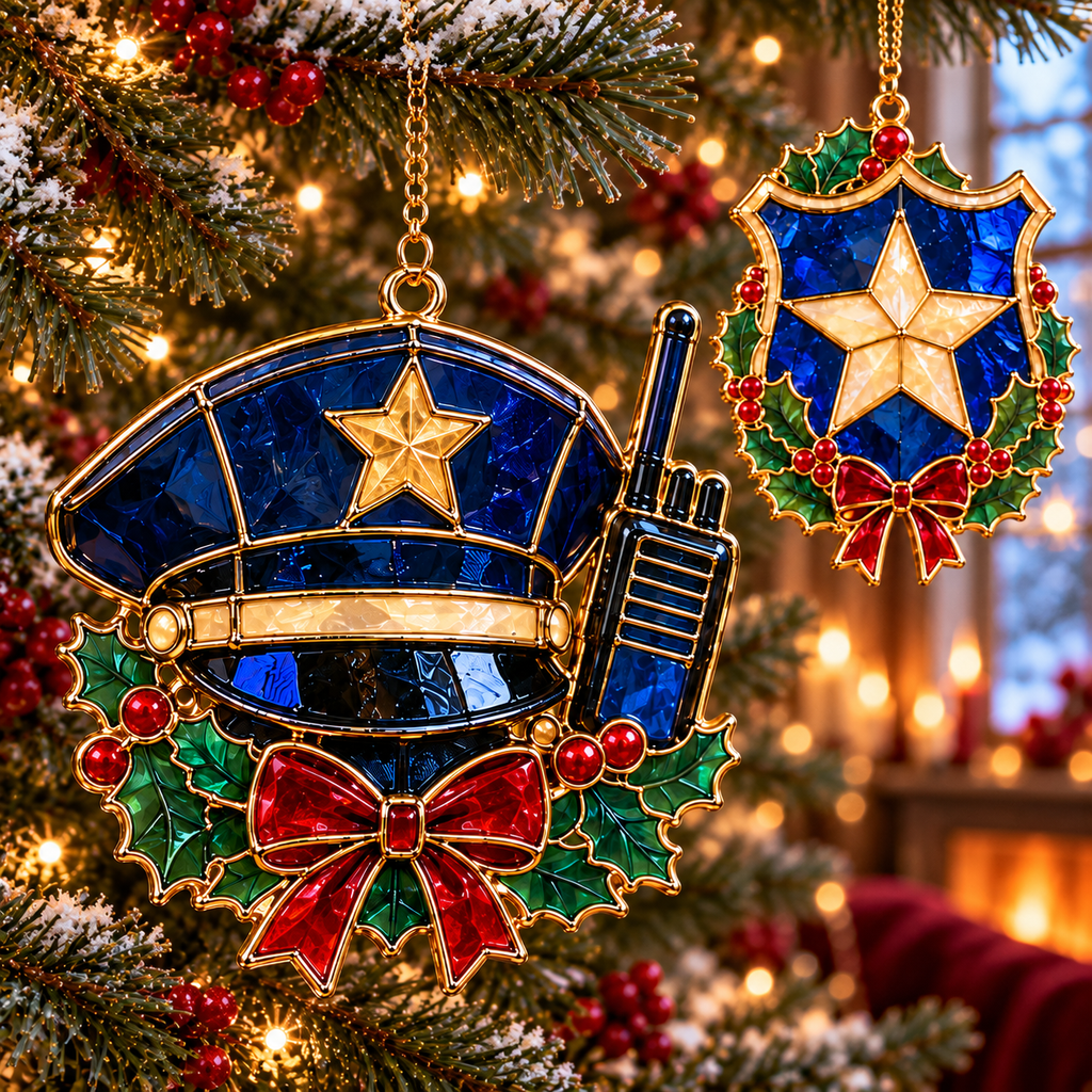 ✨ 2026 Police Christmas Ornaments – Set of 6 | Vintage Stained Glass Police Car, K9 Dog, Motorcycle & Badge Hanging Decorations | Law Enforcement Christmas Tree Ornaments & Gifts for Police Officers
