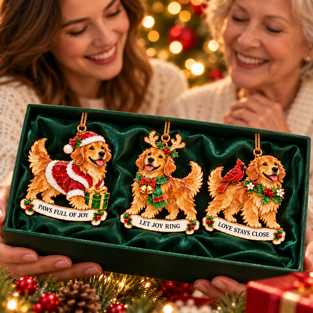 2026 Golden Retriever Christmas Ornaments – Set of 6 | Vintage Stained-Glass Style with Golden Accents & Heartwarming Holiday Wishes