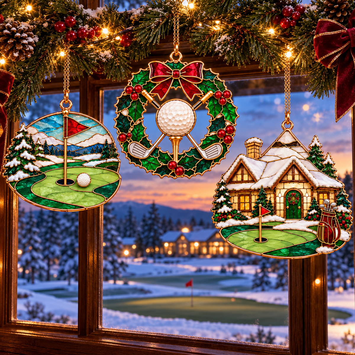 Tee Up the Holidays – Vintage Stained Glass-Style Golf Christmas Ornaments, 6-Piece Set