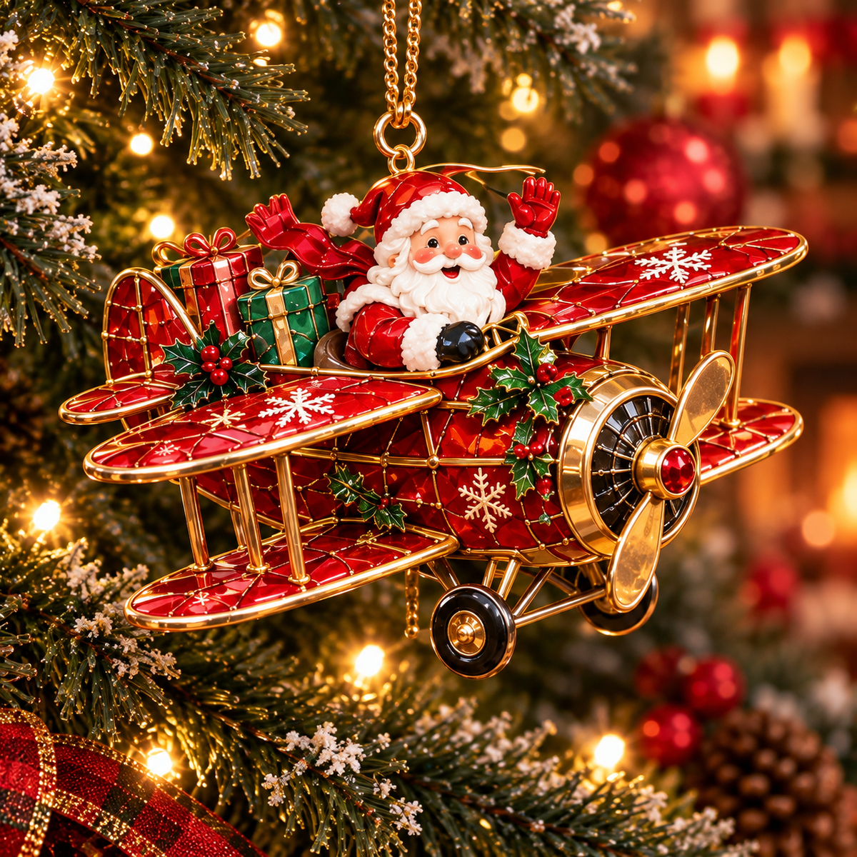Santa’s Christmas Flight – 6-Piece Vintage Santa Airplane Ornaments Collection | Christmas Tree Decorations & Holiday Gift