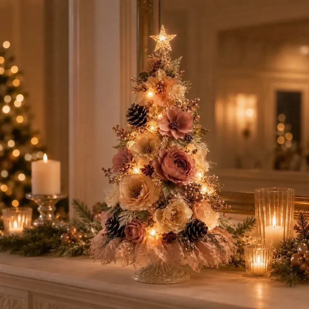 🌸 Pre-Decorated Blush Floral Tabletop Christmas Tree – Cordless Romantic Holiday Decor ✨