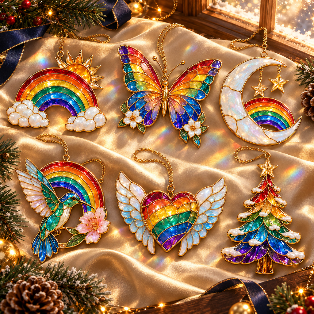 🎄 2026 Magical Rainbow Stained Glass Christmas Ornaments – Set of 6 | Rainbow, Butterfly, Crescent Moon, Hummingbird, Angel Wings Heart & Christmas Tree Hanging Decorations | Colorful Holiday Gifts