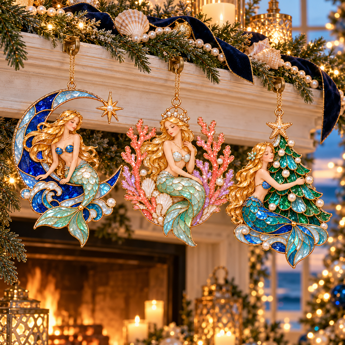 Ocean Enchantment – Vintage Stained-Glass Style Mermaid Christmas Ornaments, Set of 6