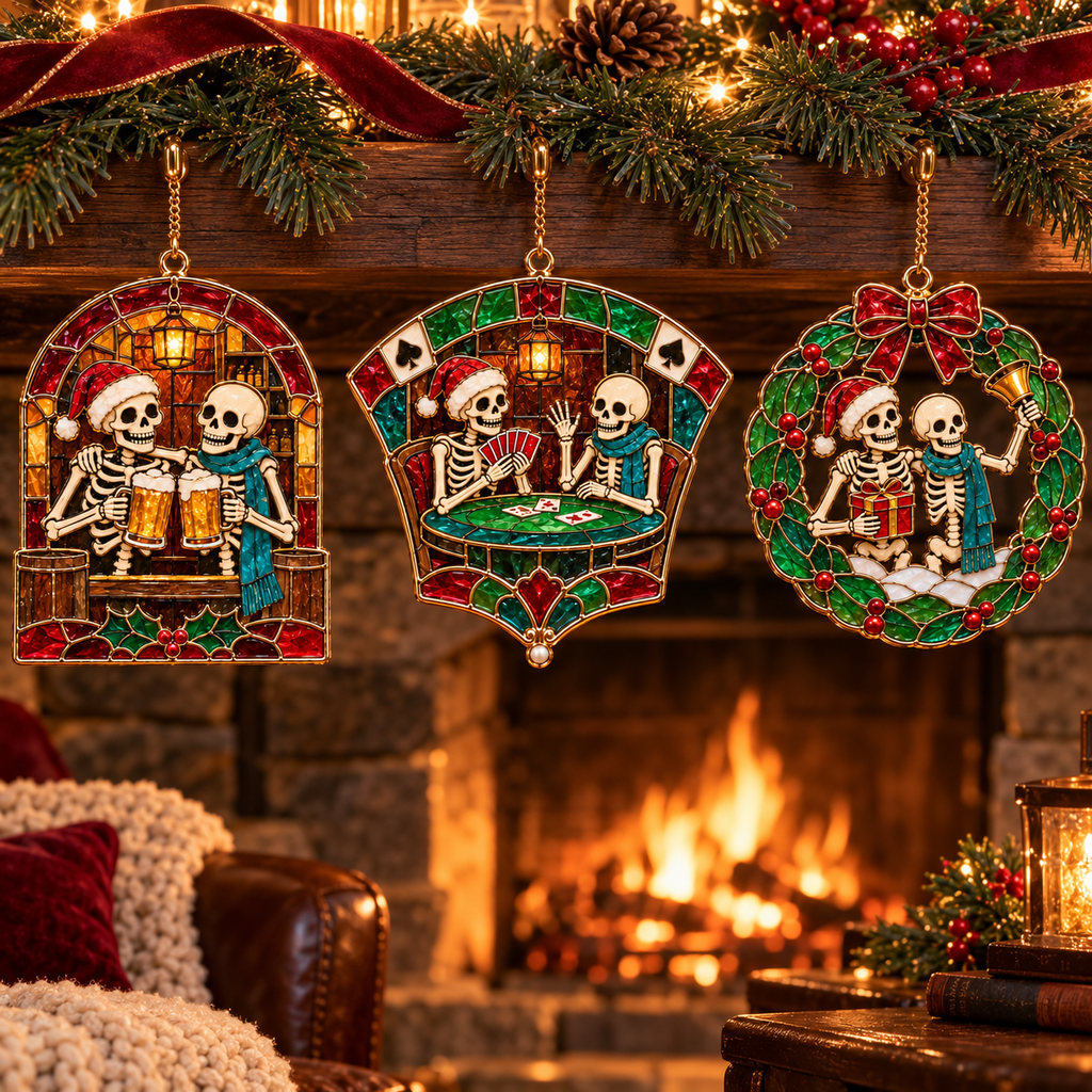 Friends for Eternity – Vintage Stained Glass Style Skeleton Christmas Ornaments, Set of 6