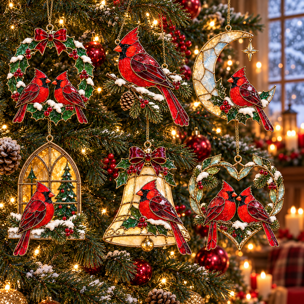 Cardinals of Christmas – Vintage Stained Glass-Style Ornaments, Set of 6
