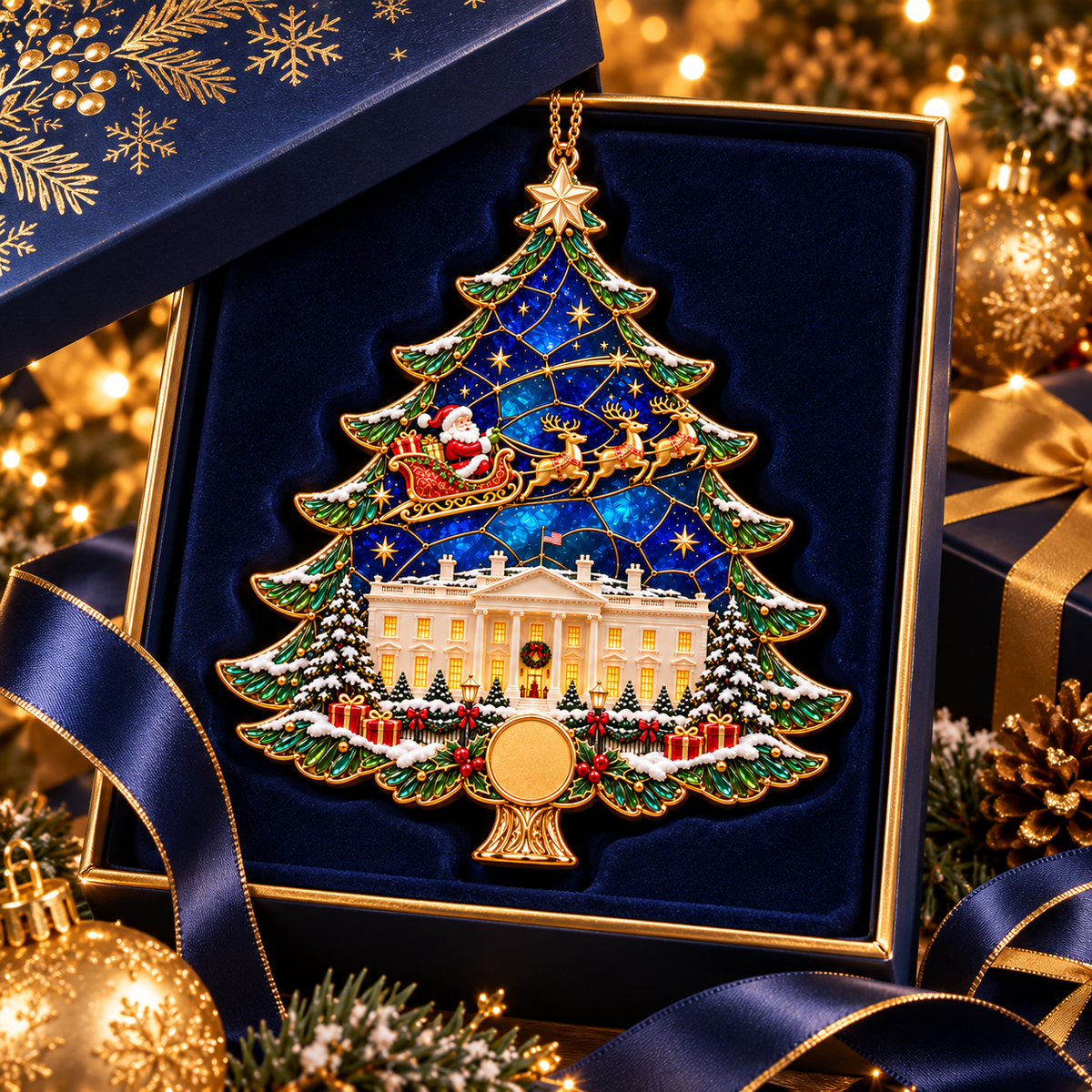 2026 250th Anniversary Stained Glass Christmas Tree Ornament – Santa Sleigh & White House Commemorative Holiday Keepsake, 1776–2026