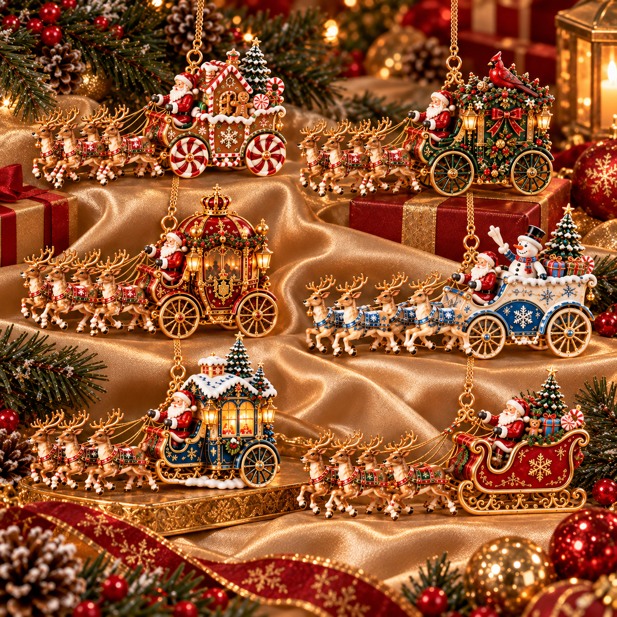 Santa’s Magical Christmas Journey – 6-Piece Vintage Reindeer Sleigh & Carriage Ornament Collection | Christmas Tree Decorations & Holiday Gifts