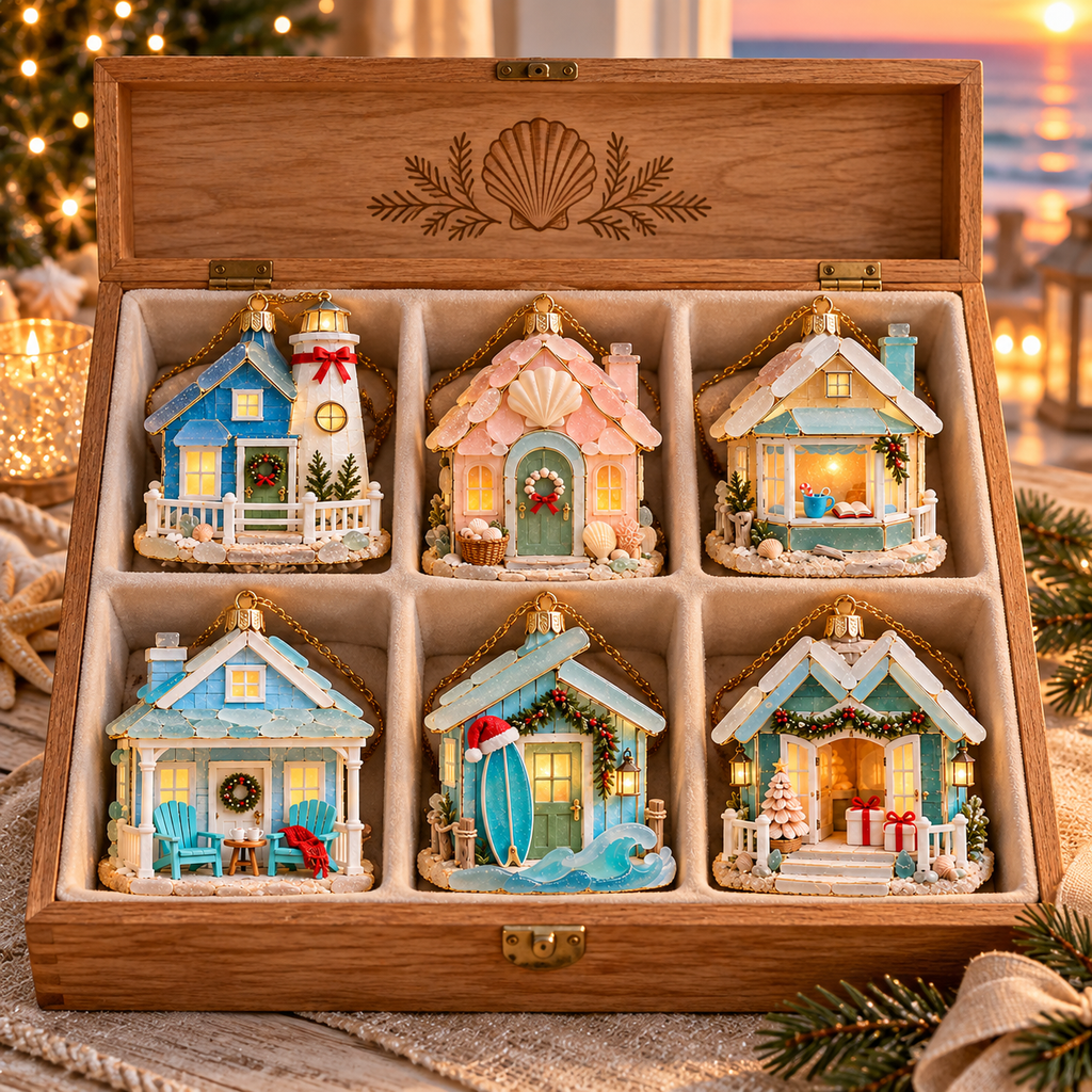 🌊 2026 Coastal Christmas Cottage Ornaments – Set of 6 Beach House Holiday Keepsakes