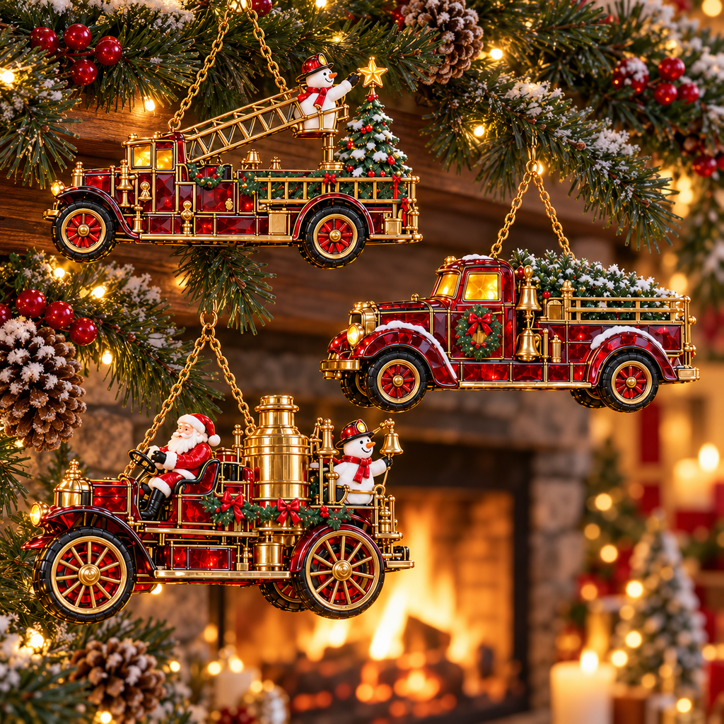 2026 Vintage Fire Truck Christmas Ornaments – Set of 6 | Stained-Glass Style with Festive Holiday Scenes & Golden Accents