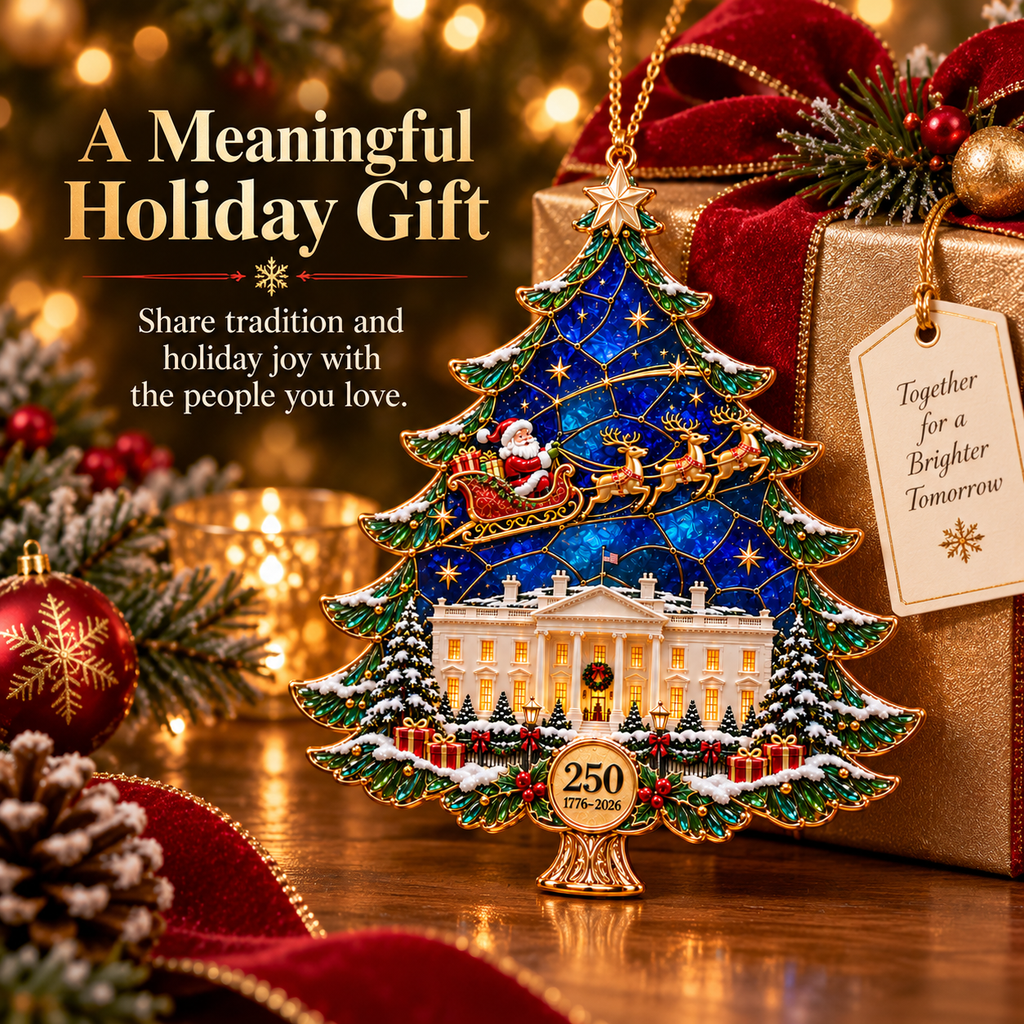 2026 250th Anniversary Stained Glass Christmas Tree Ornament – Santa Sleigh & White House Commemorative Holiday Keepsake, 1776–2026