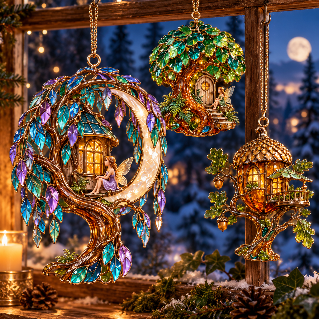 ✨ 2026 Enchanted Stained Glass Treehouse Christmas Ornaments – Set of 6 |  Fairy Tree Houses, Autumn Maple, Acorn Cottage & Moonlight Willow Hanging Decorations | Magical Christmas Tree Ornaments & Fairy Garden Gifts