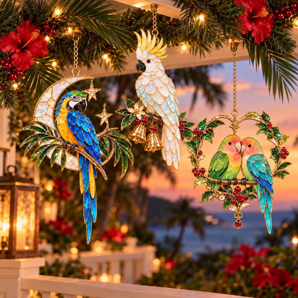 Tropical Parrot Christmas Ornaments – Vintage Stained Glass Style, Set of 6