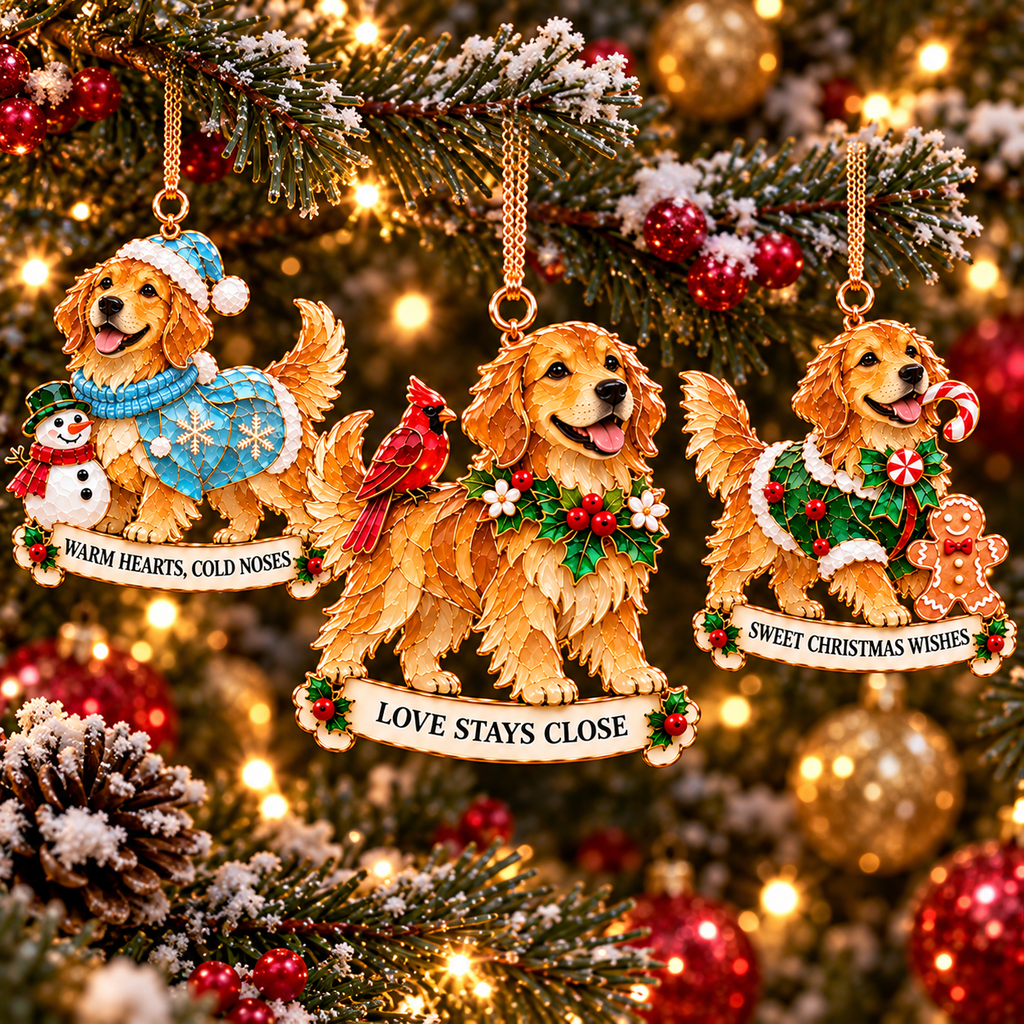 2026 Golden Retriever Christmas Ornaments – Set of 6 | Vintage Stained-Glass Style with Golden Accents & Heartwarming Holiday Wishes