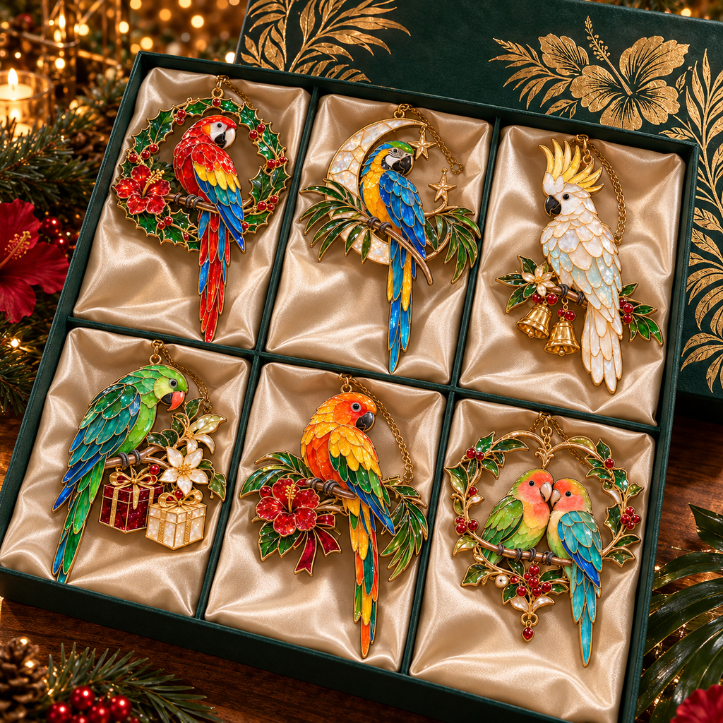 Tropical Parrot Christmas Ornaments – Vintage Stained Glass Style, Set of 6