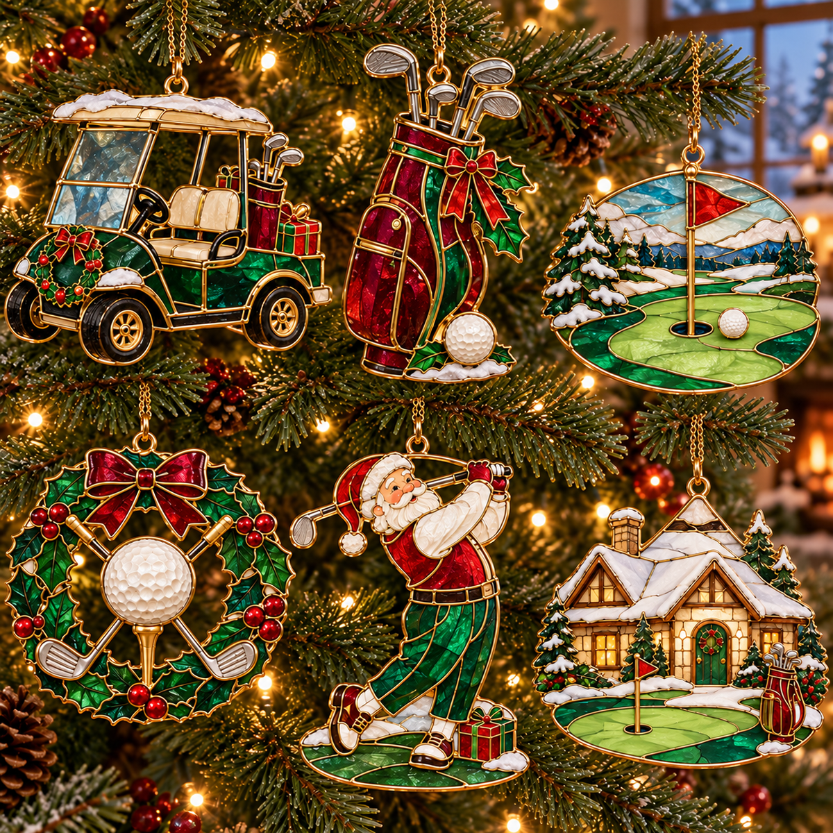 Tee Up the Holidays – Vintage Stained Glass-Style Golf Christmas Ornaments, 6-Piece Set