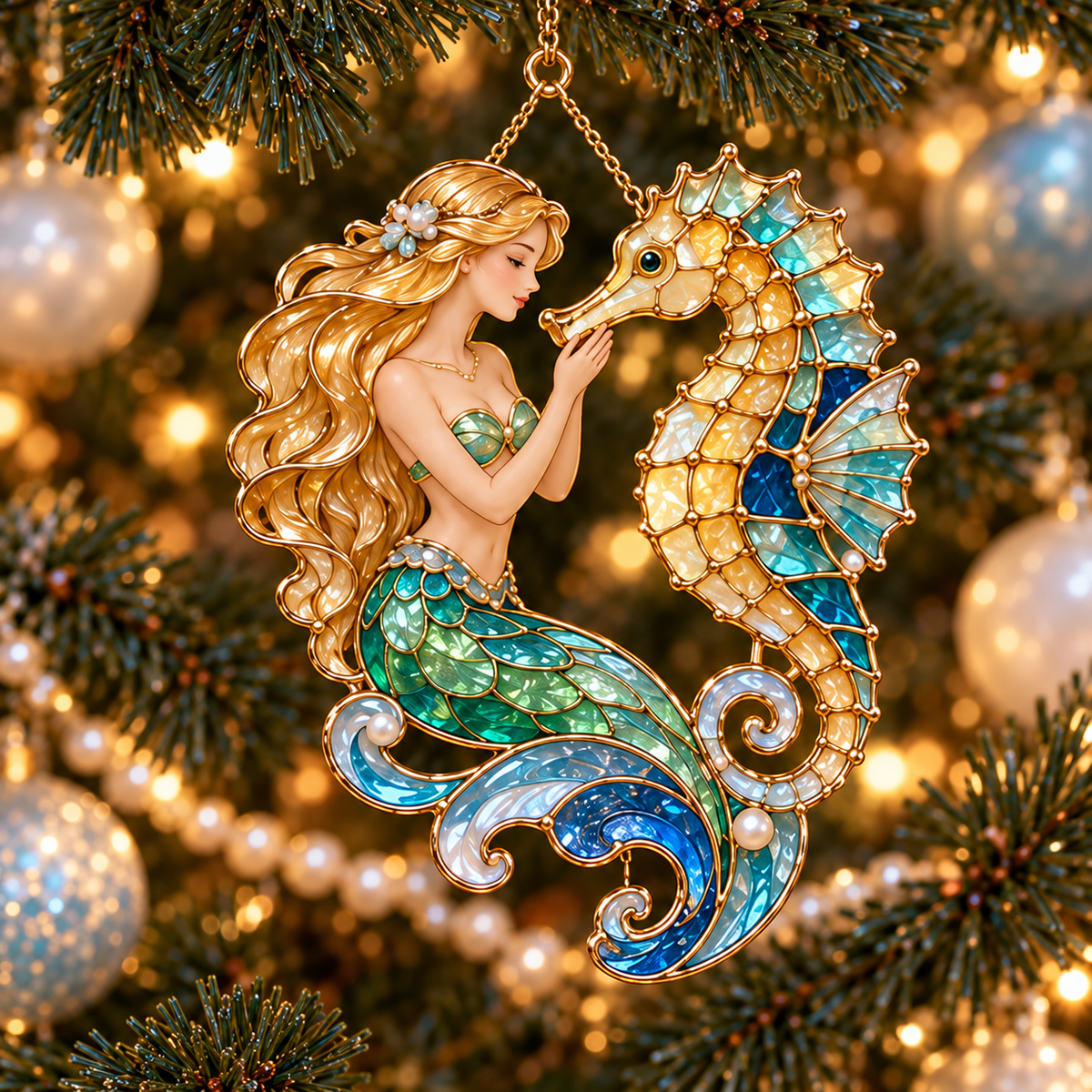 Ocean Enchantment – Vintage Stained-Glass Style Mermaid Christmas Ornaments, Set of 6
