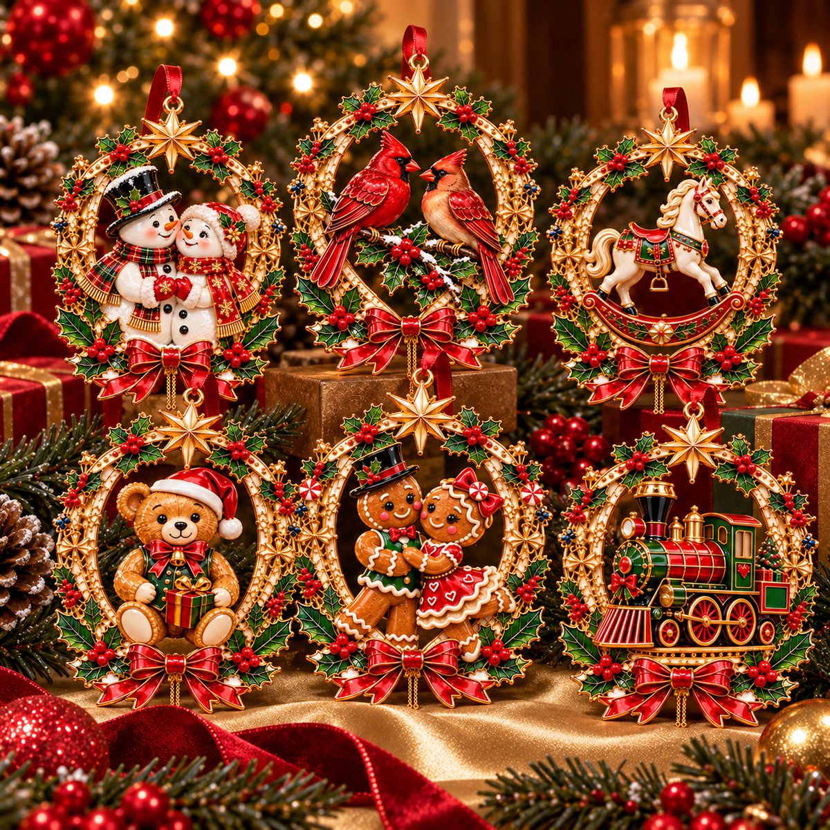 Vintage Christmas Storybook Wreath Ornaments – 6-Piece Festive Keepsake Collection | Christmas Tree Decorations & Heartwarming Holiday Gifts