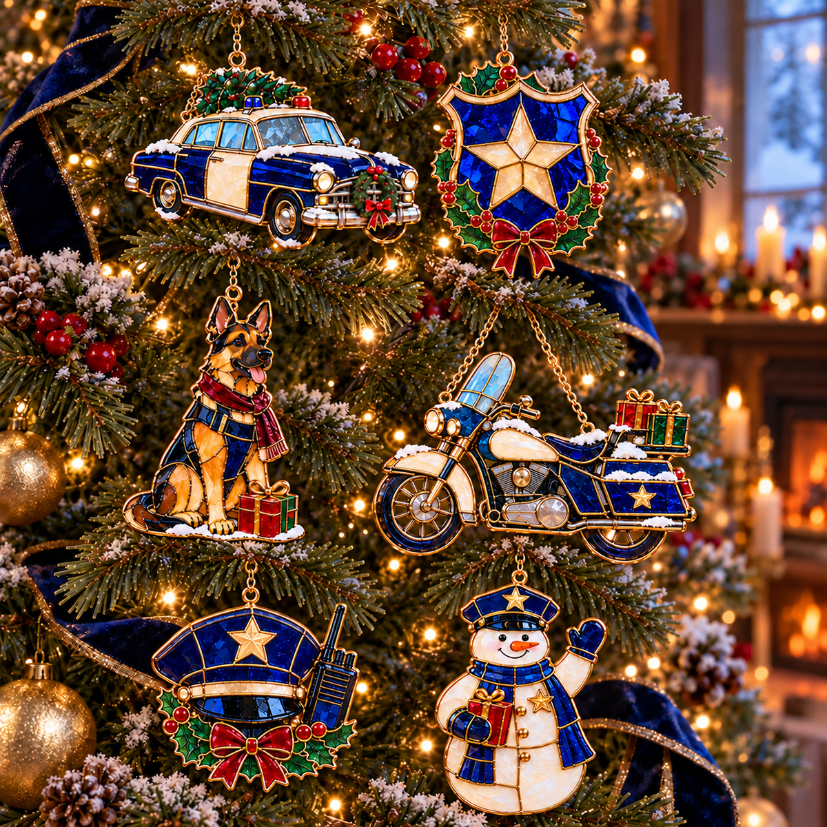 ✨ 2026 Police Christmas Ornaments – Set of 6 | Vintage Stained Glass Police Car, K9 Dog, Motorcycle & Badge Hanging Decorations | Law Enforcement Christmas Tree Ornaments & Gifts for Police Officers