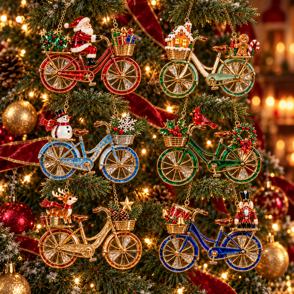 🎄 2026 Vintage Stained Glass Christmas Bicycle Ornaments – Set of 6