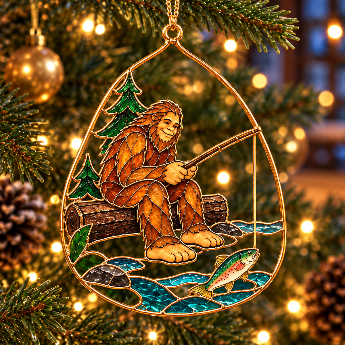 Woodland Wonders – Vintage Stained Glass Style Bigfoot Christmas Ornaments, Set of 6