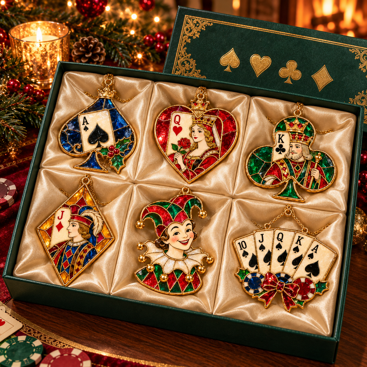 ✨ 2026 Vintage Stained Glass Playing Card Christmas Ornaments – Set of 6 |  Poker Ace, Queen, King, Jack & Joker Hanging Decorations | Casino & Card Game Christmas Tree Ornaments | Unique Gifts for Poker Lovers
