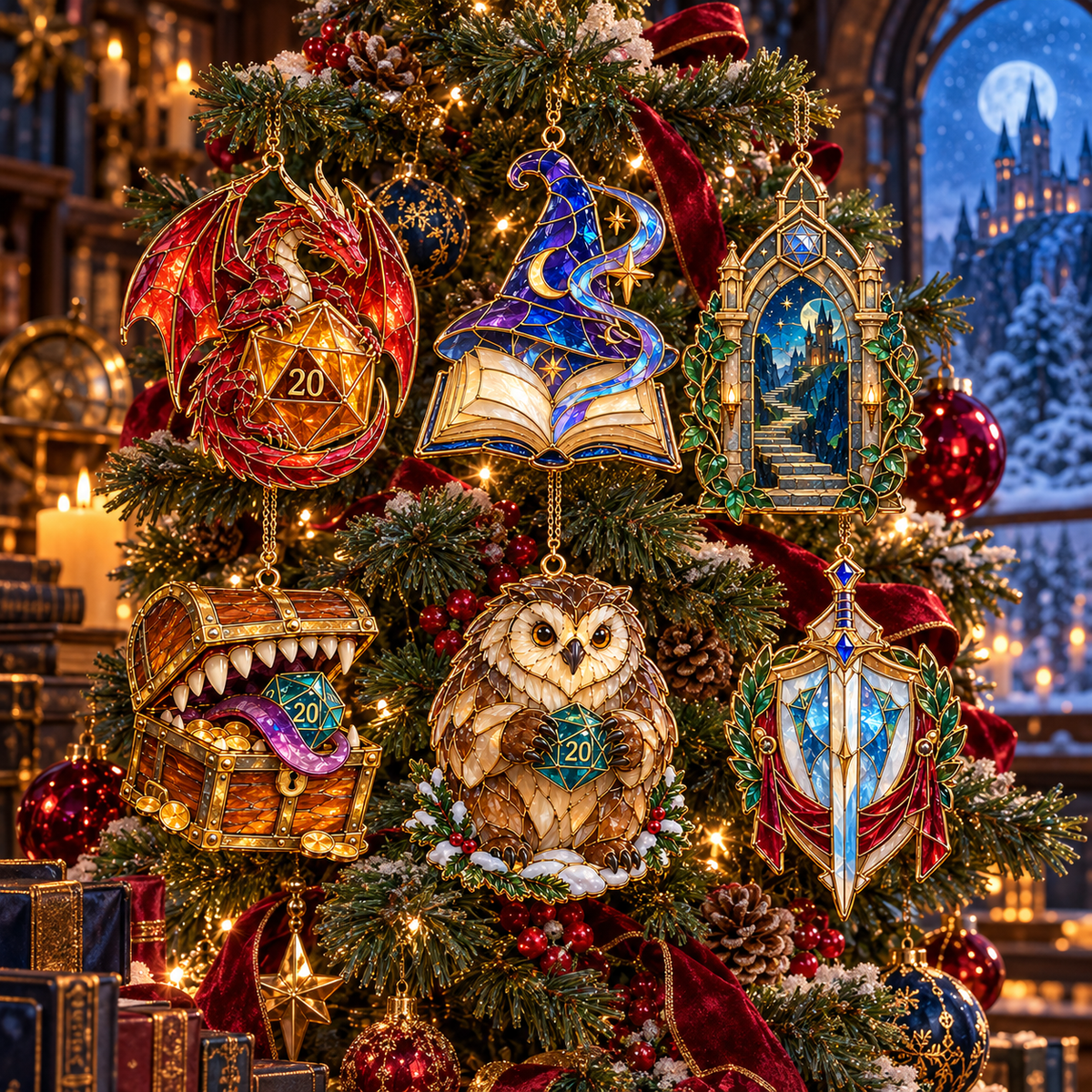 Enchanted Realms – 6-Piece Vintage Stained Glass-Style Fantasy Christmas Ornament Set