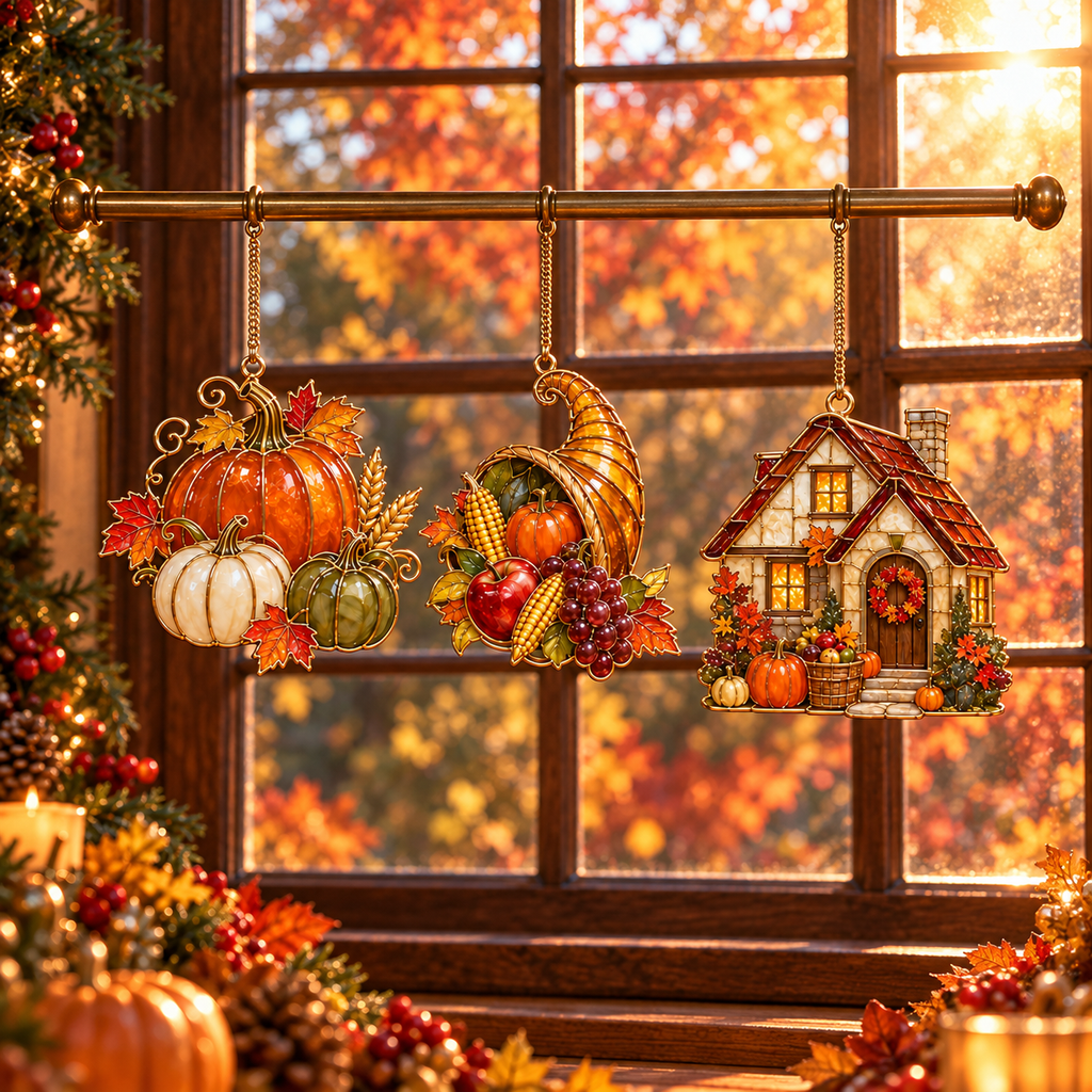 ✨ 2026 Thanksgiving Stained Glass Ornaments – Set of 6