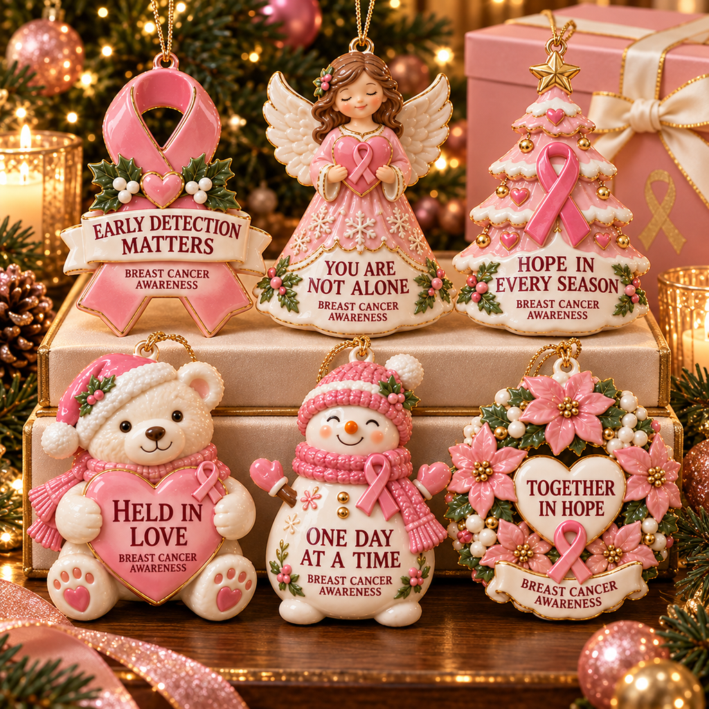 2026 Breast Cancer Awareness Christmas Ornament Set – 6-Piece Pink Ribbon Holiday Keepsake Gift