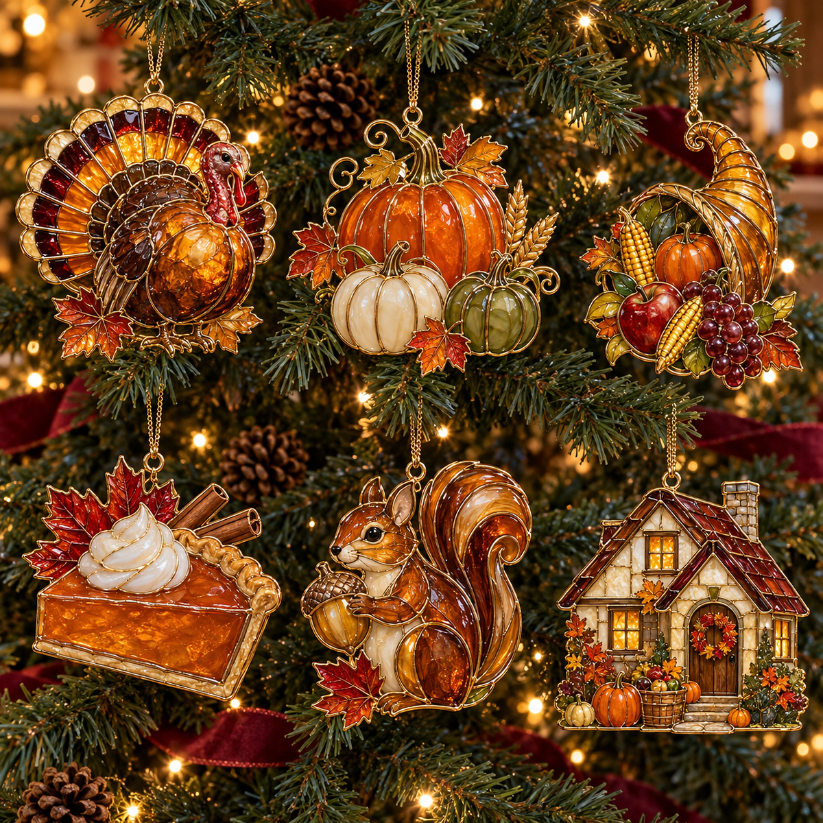 ✨ 2026 Thanksgiving Stained Glass Ornaments – Set of 6