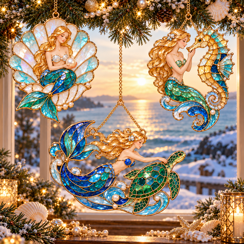 Ocean Enchantment – Vintage Stained-Glass Style Mermaid Christmas Ornaments, Set of 6