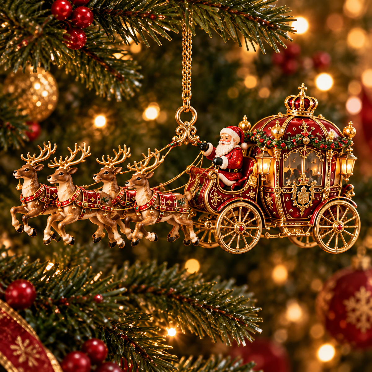 Santa’s Magical Christmas Journey – 6-Piece Vintage Reindeer Sleigh & Carriage Ornament Collection | Christmas Tree Decorations & Holiday Gifts
