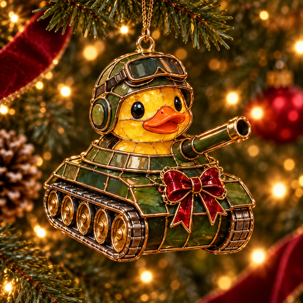 Military Duck Christmas Ornaments – 6-Piece Vintage Stained-Glass Style Gift Set