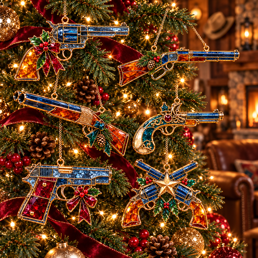 ✨ 2026 Vintage Stained Glass Firearms Christmas Ornaments – Set of 6 | Western Revolver, Cowboy Rifle, Shotgun & Pistol Hanging Decorations | Christmas Tree Ornaments & Unique Holiday Gifts for Gun Enthusiasts