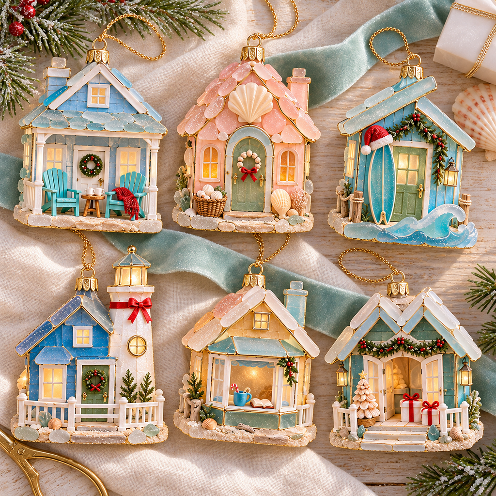🌊 2026 Coastal Christmas Cottage Ornaments – Set of 6 Beach House Holiday Keepsakes