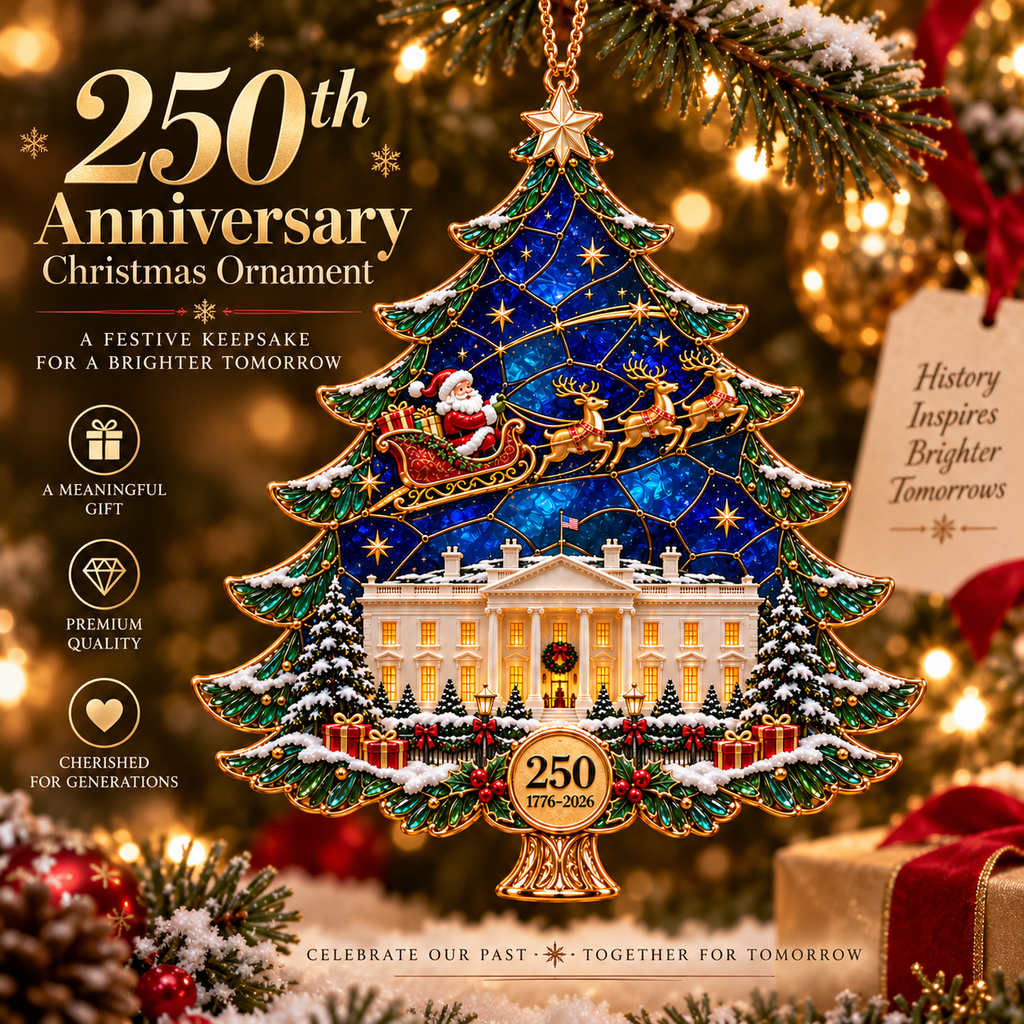2026 250th Anniversary Stained Glass Christmas Tree Ornament – Santa Sleigh & White House Commemorative Holiday Keepsake, 1776–2026