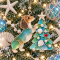 Coastal Christmas Dachshund Ornament Set – 6-Piece Stained Glass-Inspired Sea Glass Dog Christmas Tree Decorations, Gift for Dachshund Lovers