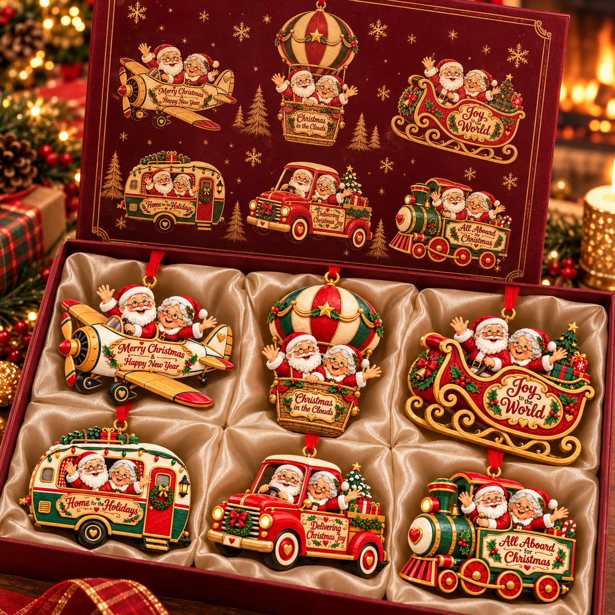 Santa & Mrs. Claus Christmas Adventures – Festive Tree Ornaments in 6 Charming Designs