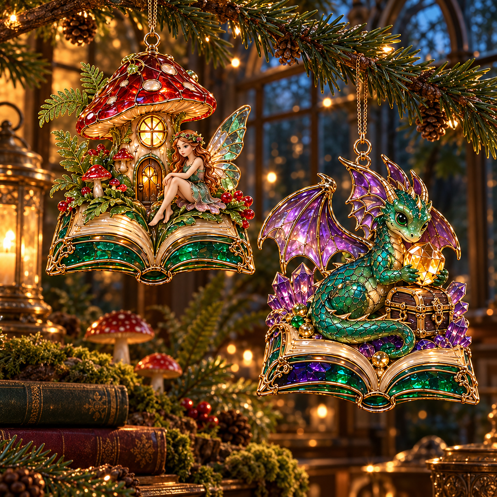 🎄 2026 Enchanted Storybook Christmas Ornaments – Set of 6 |  Stained Glass Fairy Tale Castle, Unicorn, Fairy, Mermaid, Dragon & Snowy Village Hanging Decorations | Magical Christmas Tree Ornaments & Fantasy Lover Gifts