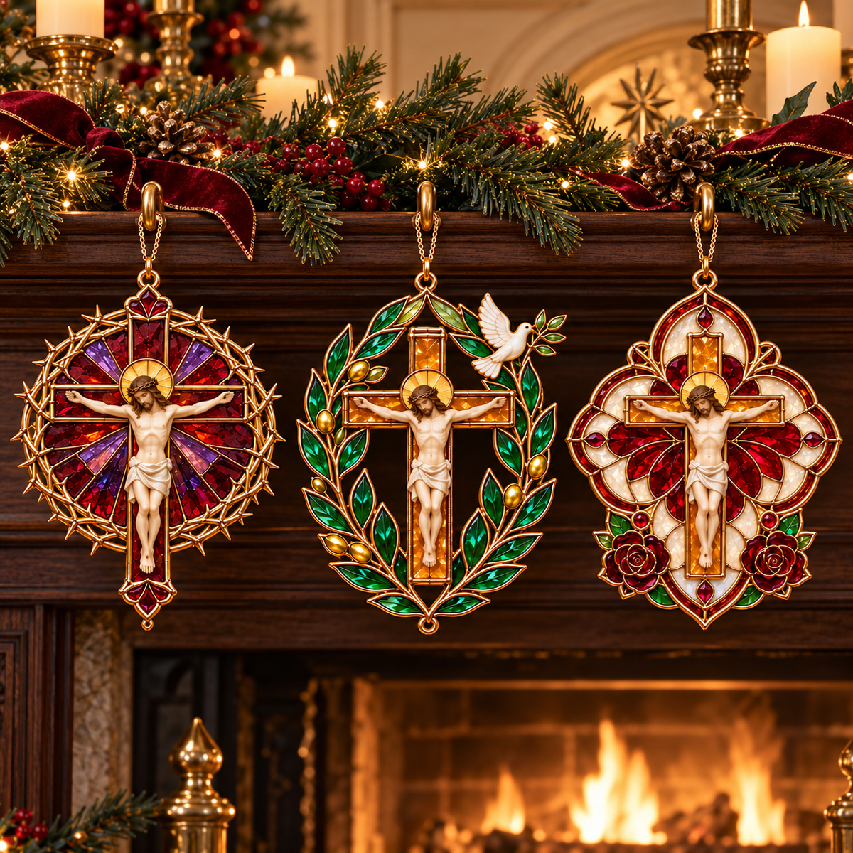 2026 Sacred Light — Vintage Stained Glass–Style Crucifix Christmas Ornaments | Set of 6