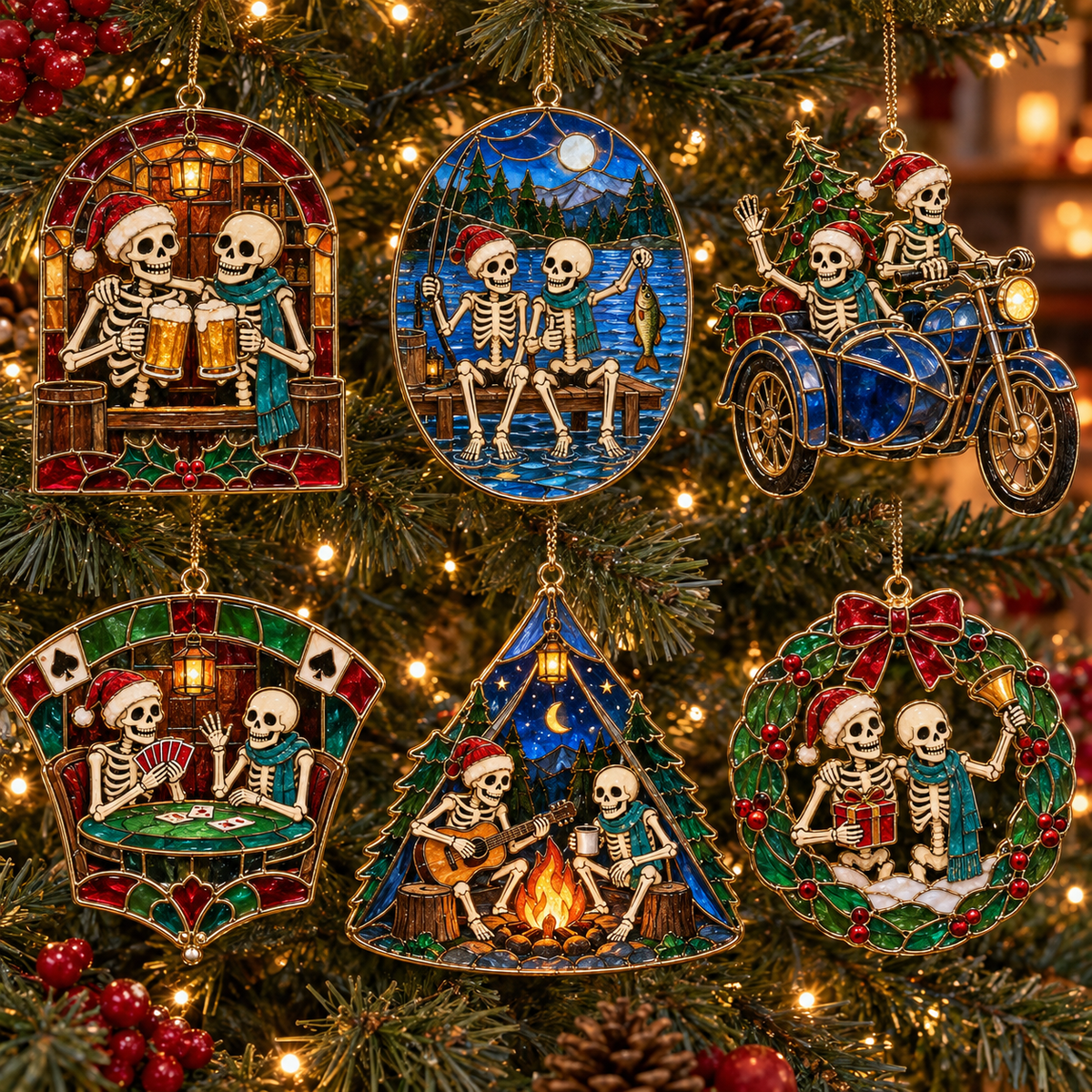 Friends for Eternity – Vintage Stained Glass Style Skeleton Christmas Ornaments, Set of 6