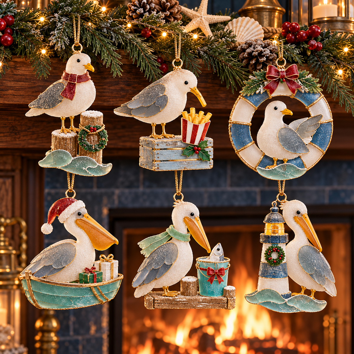 🌊 2026 Coastal Christmas Seabird Ornaments – Set of 6 Festive Seagull & Pelican Keepsakes