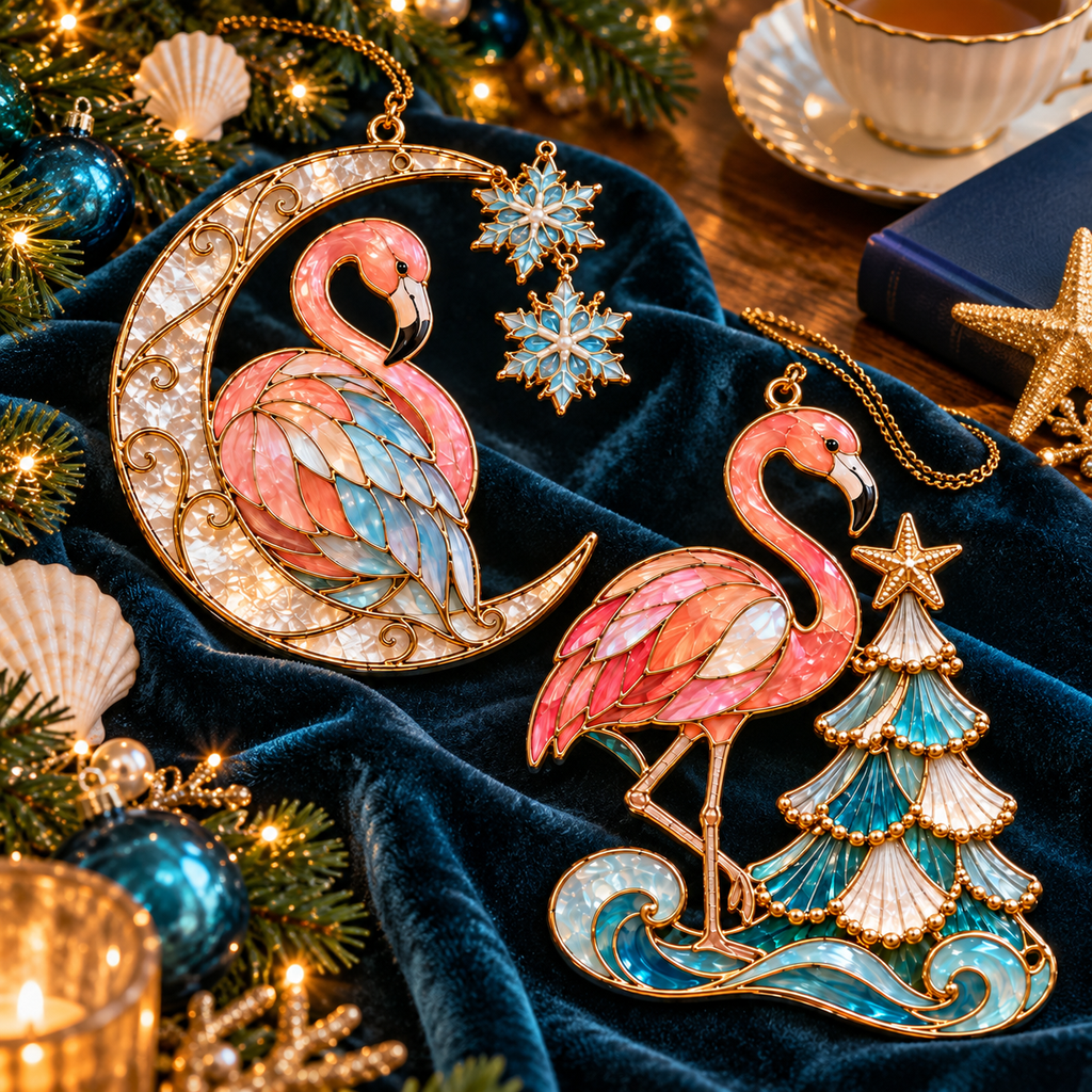 Coastal Christmas Flamingo Ornaments – Vintage Stained-Glass Style, 6-Piece Set