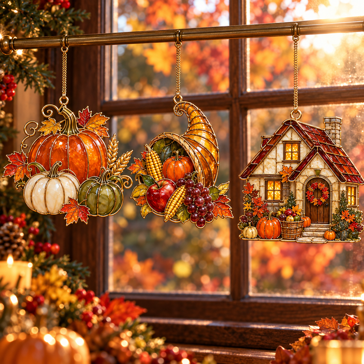 ✨ 2026 Thanksgiving Stained Glass Ornaments – Set of 6