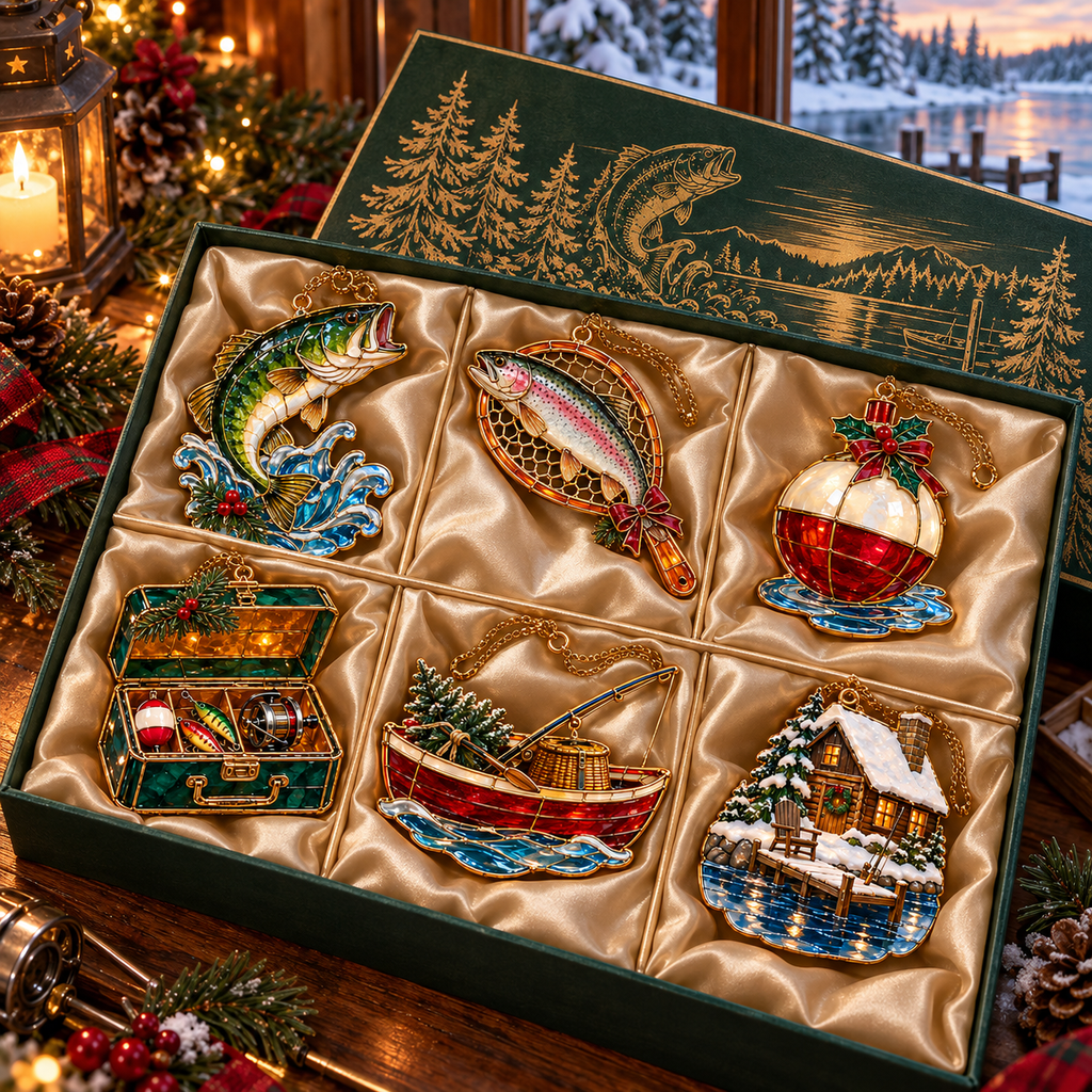 Reel in the Christmas Magic — Vintage Stained Glass–Style Fishing Ornaments, Set of 6