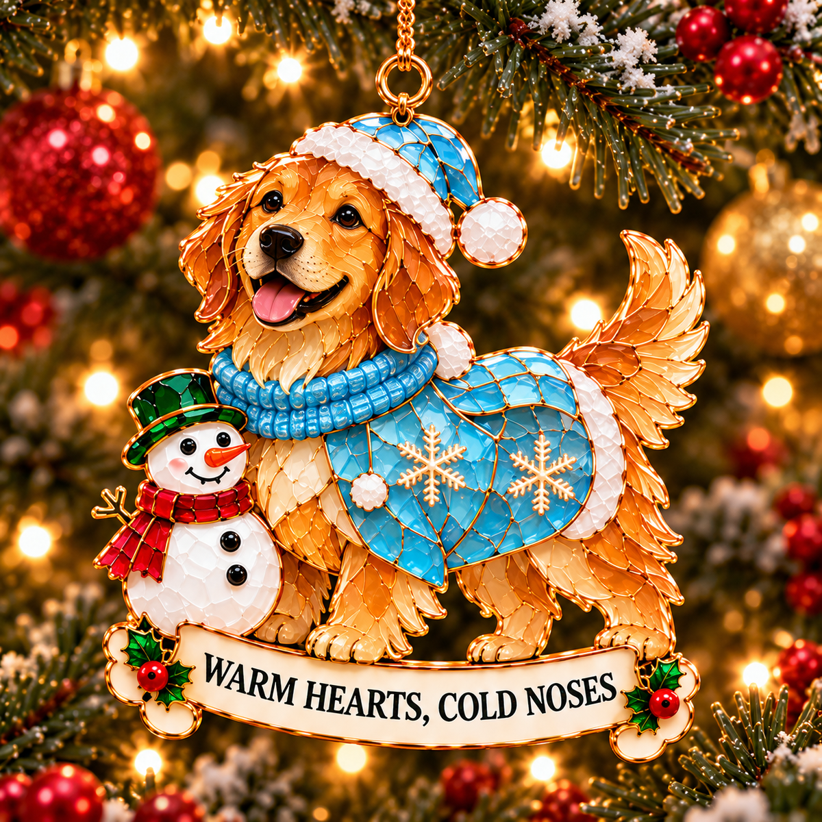 2026 Golden Retriever Christmas Ornaments – Set of 6 | Vintage Stained-Glass Style with Golden Accents & Heartwarming Holiday Wishes